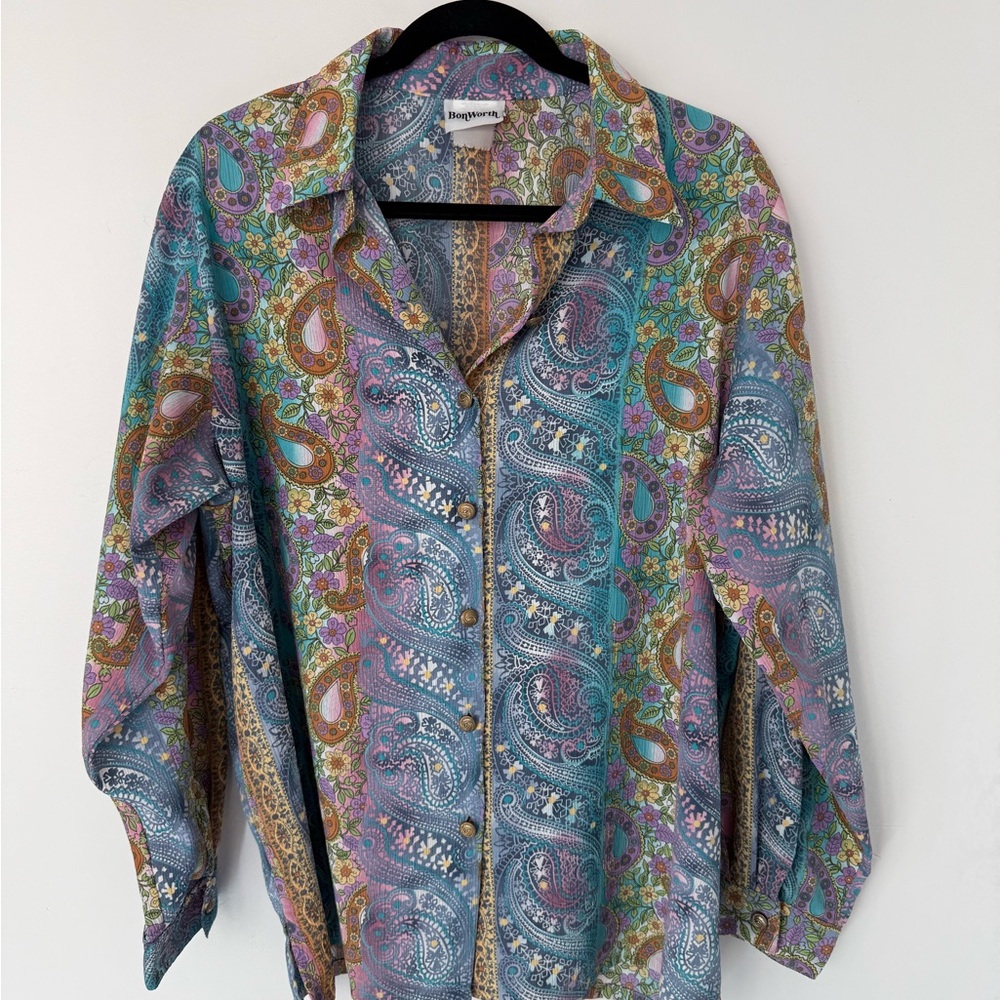 Vintage BonWorth Boho Floral Button Up Shirt Women’s M Whimsical Cottagecore